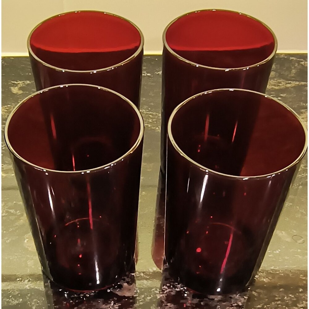 Set Of 4 Vintage Straight-Sided Ruby Red Drinking Glasses Tumblers